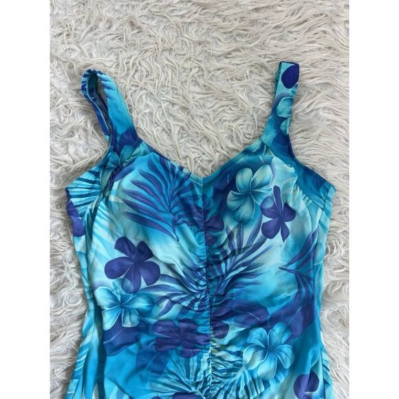 Maxine Womens Vintage Blue Tropical Floral Shirred Front One Piece Swimsuit 16 - Picture 10 of 14